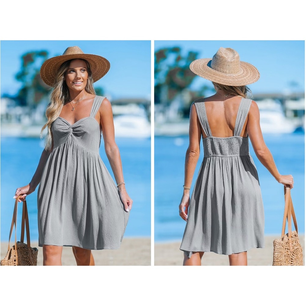 Women's Gray Sweetheart Twist Front Mini Dress Smocked Back Size Small Sundress